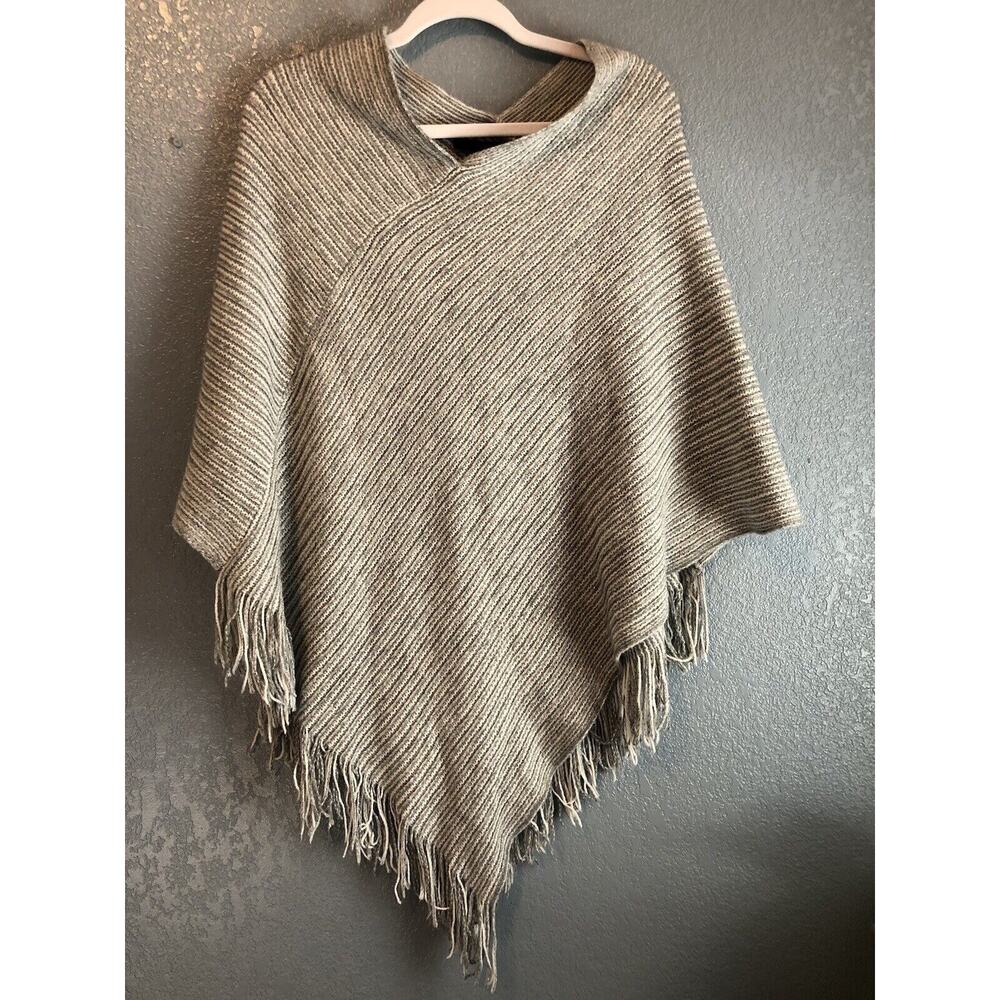 Steve Madden Womens Grey Gray Tasselled Fringe Poncho Cape One Size Boho Festive